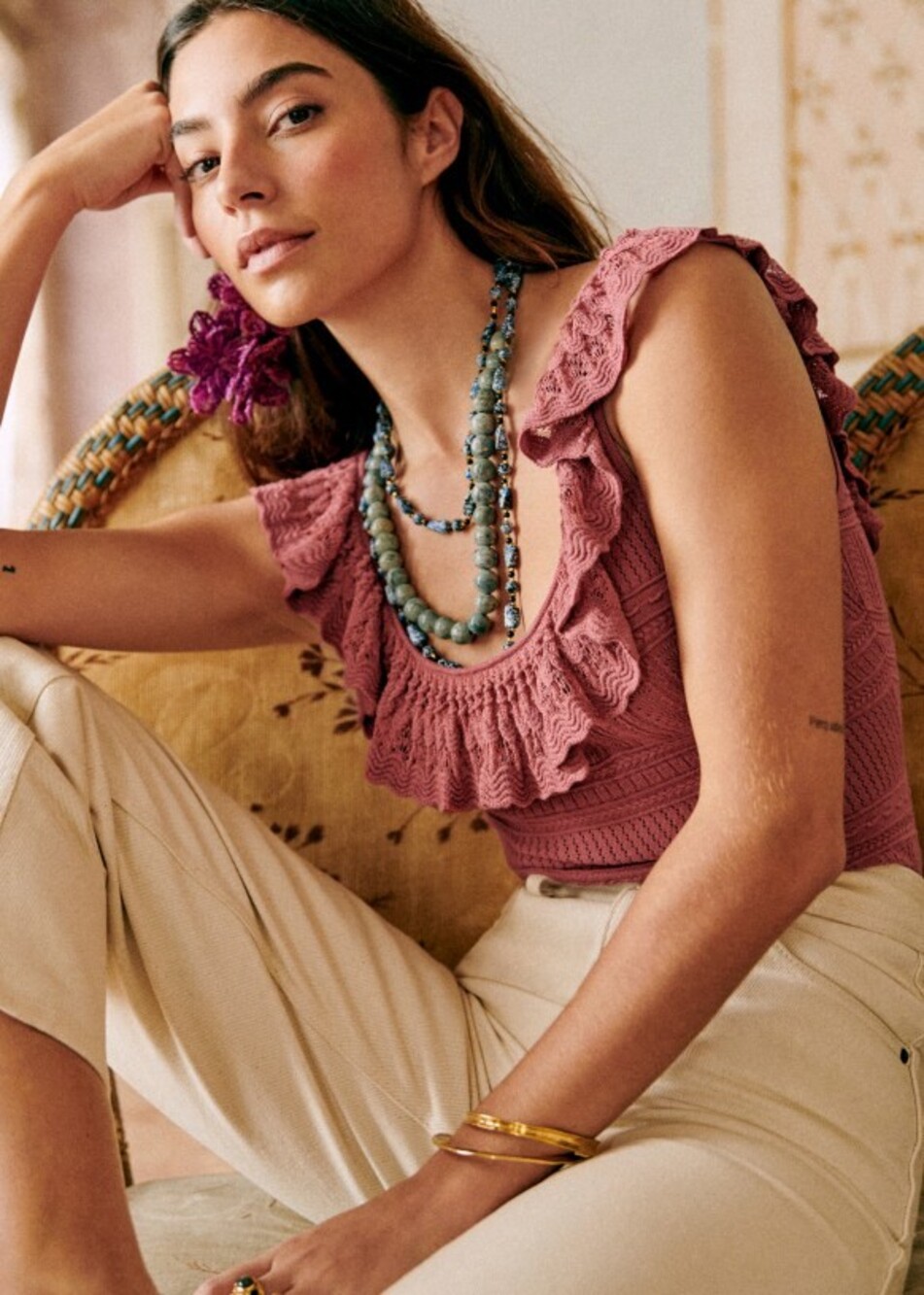 Sézane Lina Ruffle Knit Tank Top in Rosewood Size XS